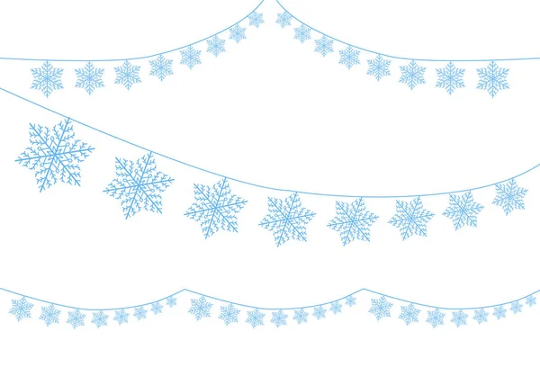 Une sélection de flocons de neige sur un ruban. Elément décoratif pour la conception web, cartes de vacances, pour le Nouvel An et Noël. Éléments vectoriels sur fond transparent isolé . — Image vectorielle