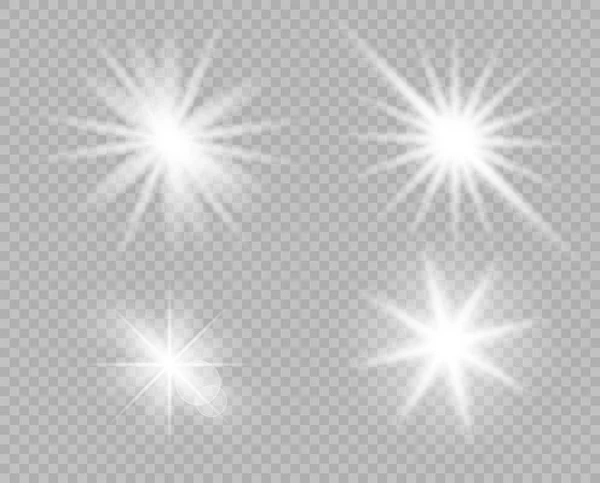 Una selección de objetos blancos brillantes de luz, deslumbramiento. Elemento decorativo superposición brillo, explosión, brillo de estrella. Decoración de diseño vectorial de año nuevo, Navidad. Fondo transparente . — Vector de stock