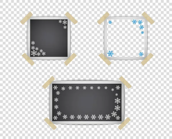 Set of photo frame templates with shadow and snowflake pattern. Vector design element isolated on a transparent background. — Stock Vector