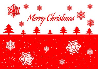 Kırmızı ve beyaz Christmas illüstrasyon kar ve Noel ağaçları ve Merry Christmas yazıt ile vektör. Yeni yıl tatil arka plan.