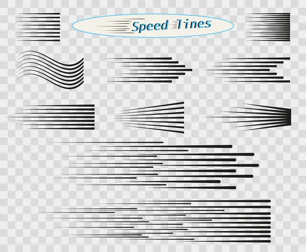Set met verschillende opties van de vector van eenvoudige horizontale lijnen van snelheid, verkeer, zwarte kleur. Manga cartoon ontwerpelementen op geïsoleerde transparante achtergrond. — Stockvector