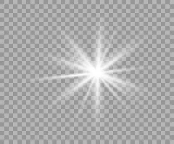 Weißes, leuchtendes transparentes Licht. Vektor Weihnachtsstern, ein heller Lichtblitz. Glitzerelement auf isoliertem transparentem Hintergrund. mit der Möglichkeit der Überlagerung. — Stockvektor