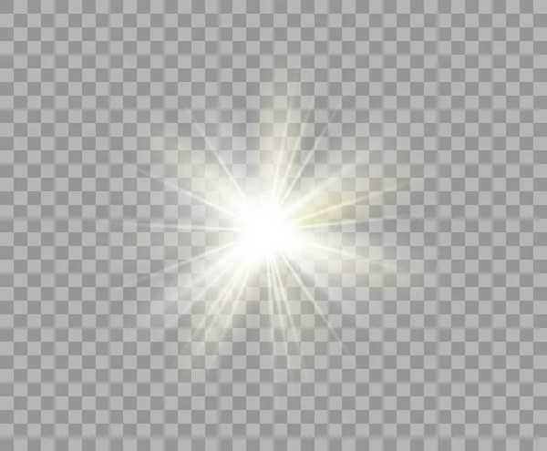 Bílé a žluté svítící transparentní světlo. Vektor vánoční hvězda, jasný záblesk světla. Glitter prvek na izolované průhledné pozadí. S možností překrytí. — Stockový vektor