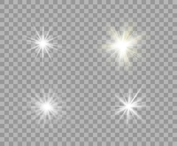 Set witte en gele lichtgevende transparant licht. Vector kerst sterren, een felle lichtflits. Glitter element op geïsoleerde transparante achtergrond. Met de mogelijkheid van overlay. — Stockvector