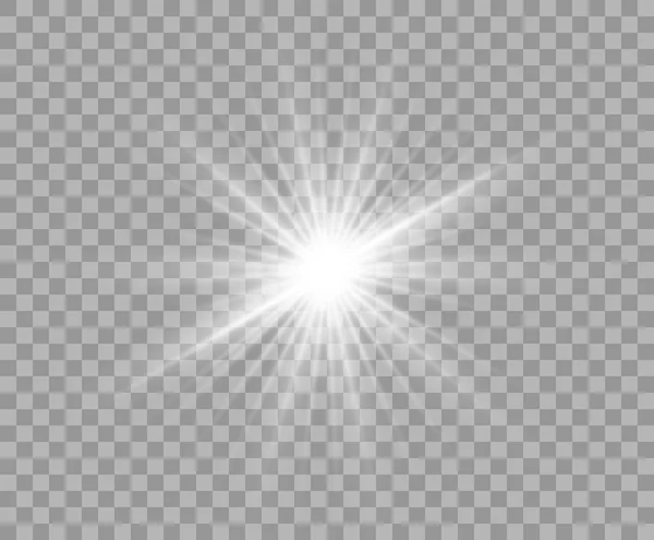 Witte lichtgevende transparant licht. Vector Kerstster, een felle lichtflits. Glitter element op geïsoleerde transparante achtergrond. Met de mogelijkheid van overlay. — Stockvector