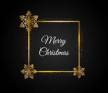Altın dikdörtgen çerçeve düşen parlak toz ve altın kar tanesi. Yazıt ile mutlu Noeller kare. İzole koyu arka plan üzerinde ışık etkisi ile banner. Noel. EPS 10.