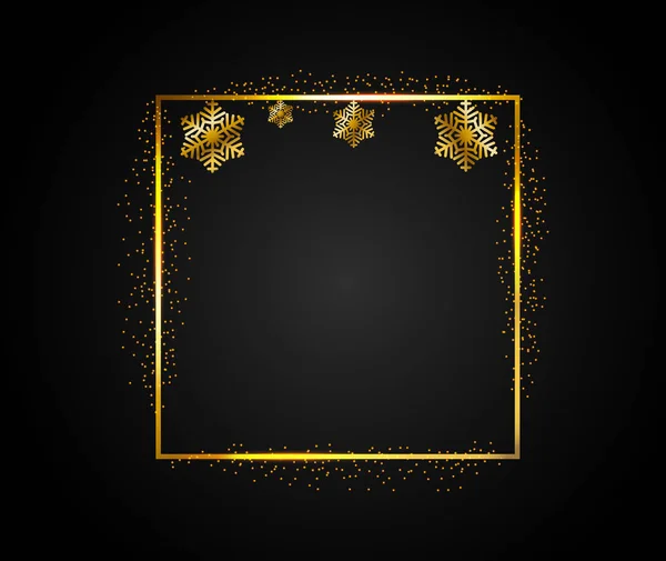 Quadro retangular dourado com poeira brilhante caindo e flocos de neve dourados. Quadrado, banner com efeito de luz sobre fundo escuro isolado. Ilustração de Natal. Eps 10 . —  Vetores de Stock