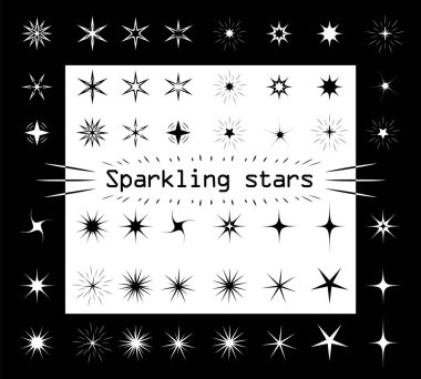 Yıldızlar bir siyah ve beyaz izole arka plan üzerinde parlıyor. Farklı şekil ve türleri tasarımınız için. Yıldız siluet, düz stil. Vektör çizim.