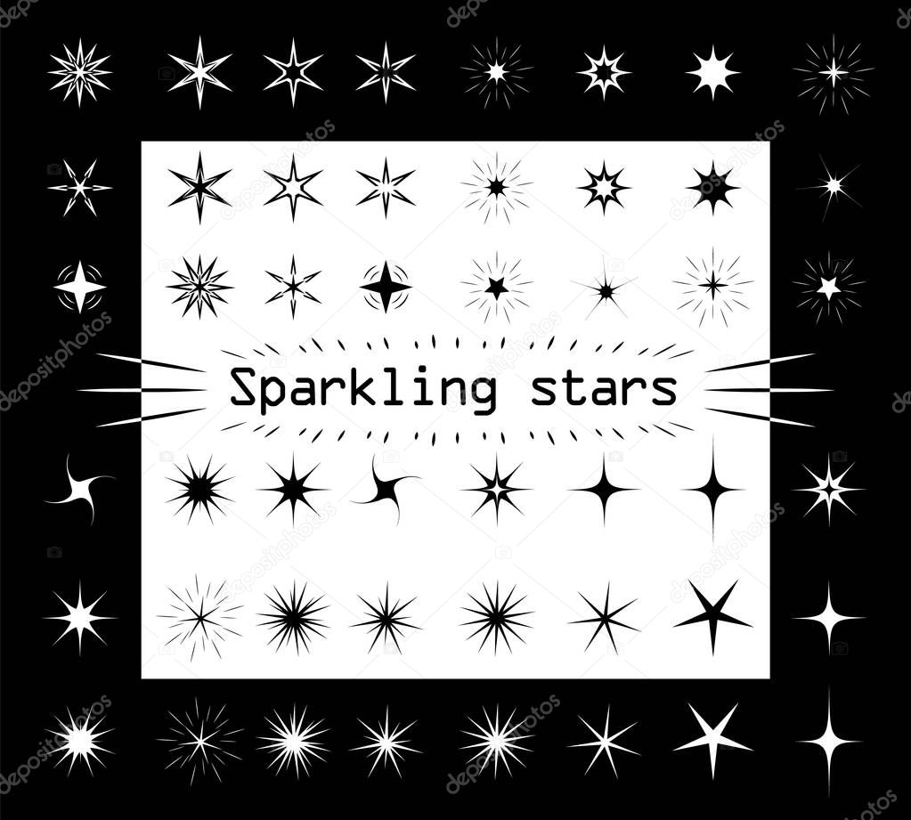 The stars sparkle on a white and black isolated background. Different shapes and kinds for your design. Asterisks silhouette, flat style. Vector illustration.