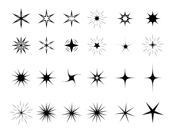 Le stelle brillano su uno sfondo bianco isolato. Diverse forme e tipi per il vostro design. Silhouette degli sterischi, stile piatto. Illustrazione vettoriale . — Vettoriale Stock