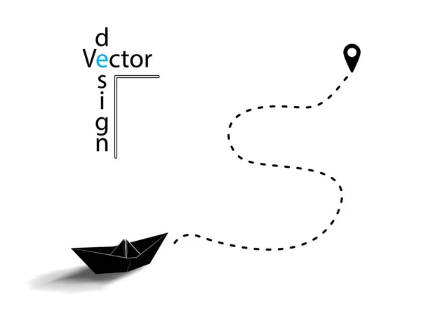 Vector de papel negro origami barco o barco. Silueta. La línea punteada, el concepto de ubicación de viaje en el pin del mapa. Fondo blanco aislado . — Vector de stock