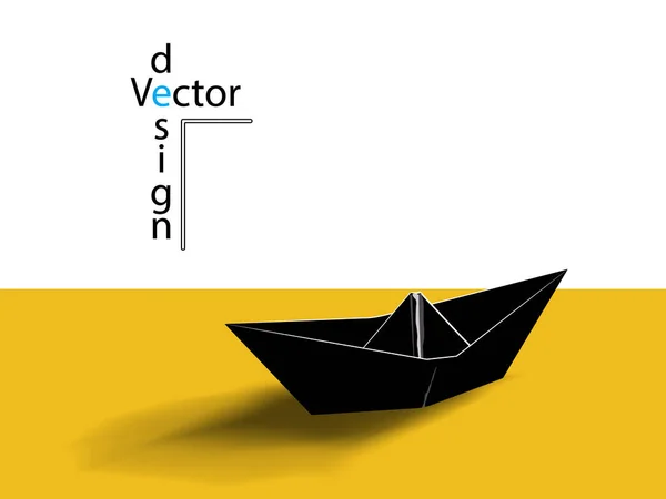 Navio de papel preto vetorial. Ilustração de barco de origami com sombra, fundo amarelo, conceito de negócio . — Vetor de Stock