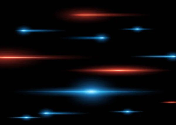 Abstract blue and red horizontal bright rays on dark isolated background. Vector light effect. — Stock Vector