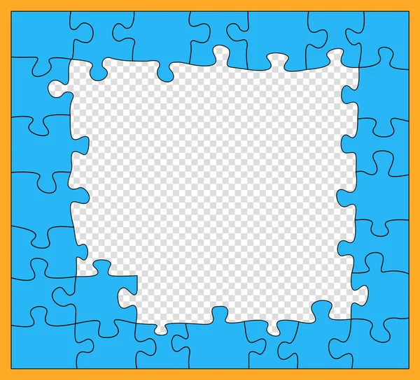 Puzzle, blue mosaic with dark outline, incomplete, flat style. Jigsaw pieces. Details unfold. Business concept. Vector pattern, isolated element on a transparent background. — Stock Vector