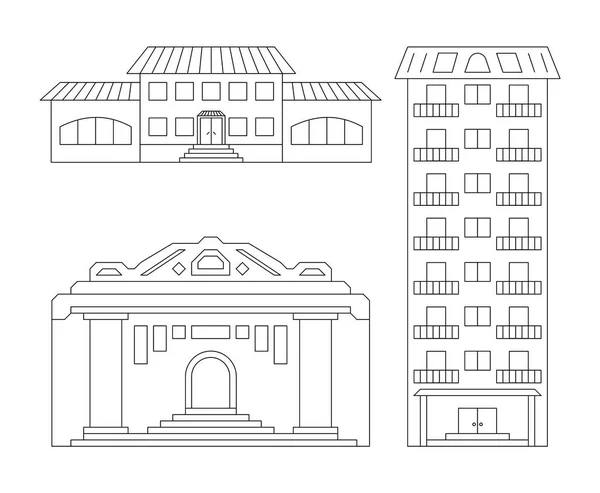 Vector iconen van de elementen van stedelijke moderne gebouwen uit eenvoudige lijnen op een geïsoleerde lichte achtergrond. — Stockvector