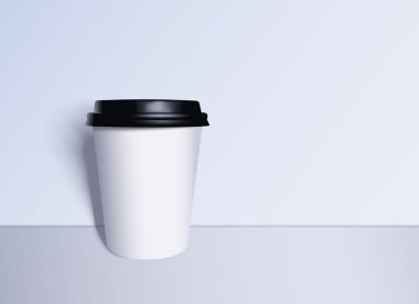 Duvar yanında düşen gölge ayakta gerçekçi beyaz kağıt kahve Kupası. Vektör illüstrasyon 3D düzeni, şablon.