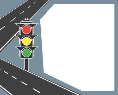 Trafik ışıkları, yol elemanları ve bölme şerit, işaretler ile. Metin, afiş, kartpostal için alan içeren vektör çizimi.