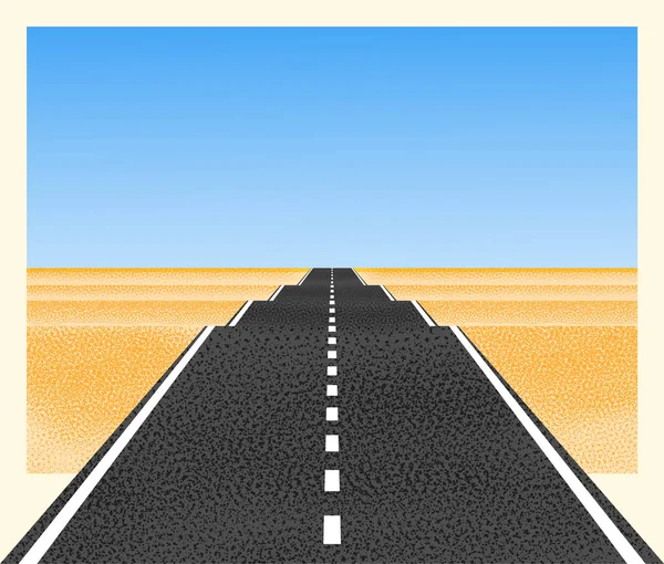 Ilustración vectorial de viajes de verano, cielo azul, arena. El camino a la distancia . — Vector de stock