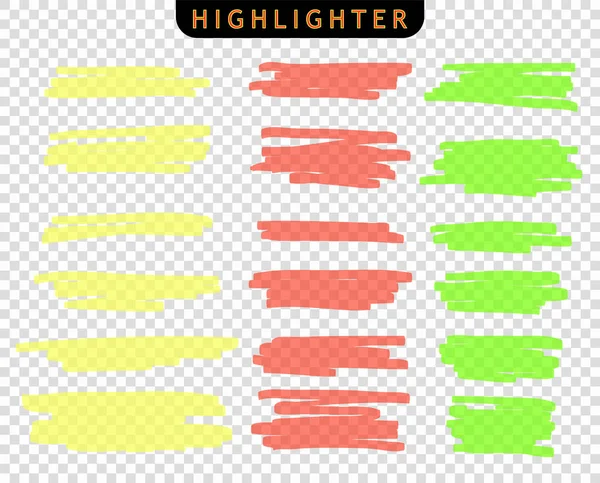 Set of yellow, green, orange, strokes line markers. Vector highlight brush lines. Hand drawing sketch underlined, stripes. Elements on an isolated transparent background. — Stock Vector