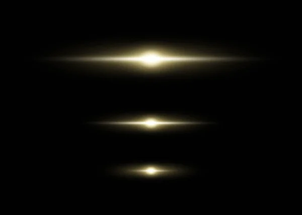 黄色の水平点滅のセット。日の出。抽象的な光線またはライト。黒い分離背景上のベクトル要素. — ストックベクタ