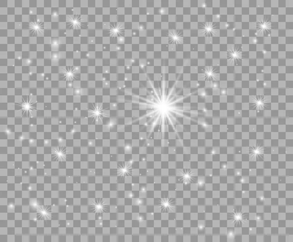 Fehér csillagok, ragyogó por, részecskék. A fény a hulló részecskék, foltok. Karácsonyi vektor overlay design elem elszigetelt átlátszó háttér. — Stock Vector