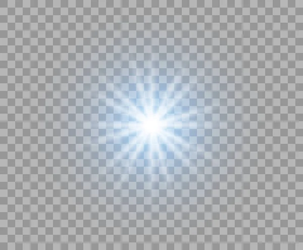 Blauwe flits gloeien met radiale stralen. Abstracte zon. Lichte uitbarsting van licht. Vector kerst ontwerpelement geïsoleerd op een transparante achtergrond. — Stockvector