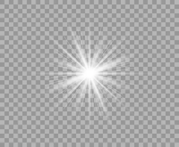 Vit glänsande sol med radiella slumpmässiga balkar. En ljus blixt. Vector Christmas designelement isolerad på en transparent bakgrund. — Stock vektor