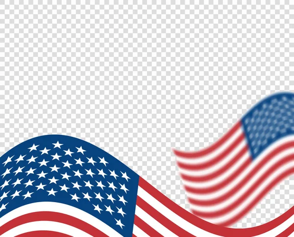 Amerikai zászló, hullámos, kibontakozó, homályos hatás illusztrációja. Amerikai zászló. Vektor overlay sablon, banner, üdülési kártya. Elszigetelt átlátszó háttér. — Stock Vector