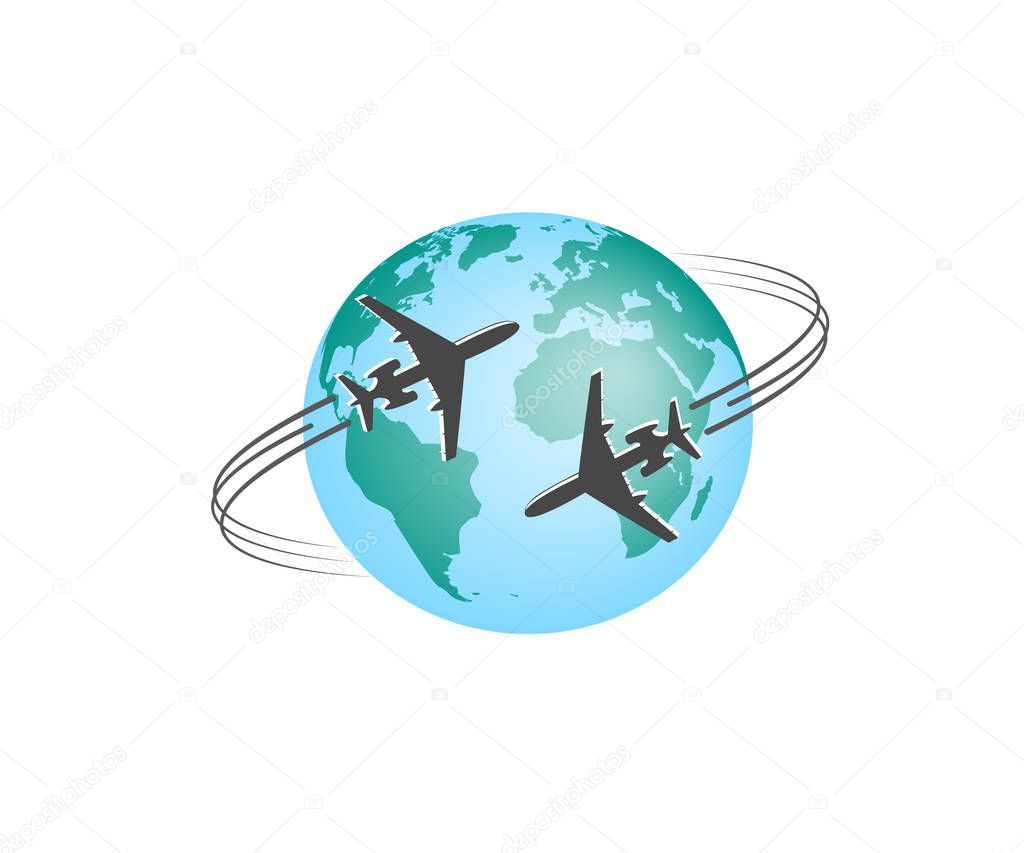 Airplane. Silhouette of flying messages around colored globe. Rounded airplane trail. Vector illustration.