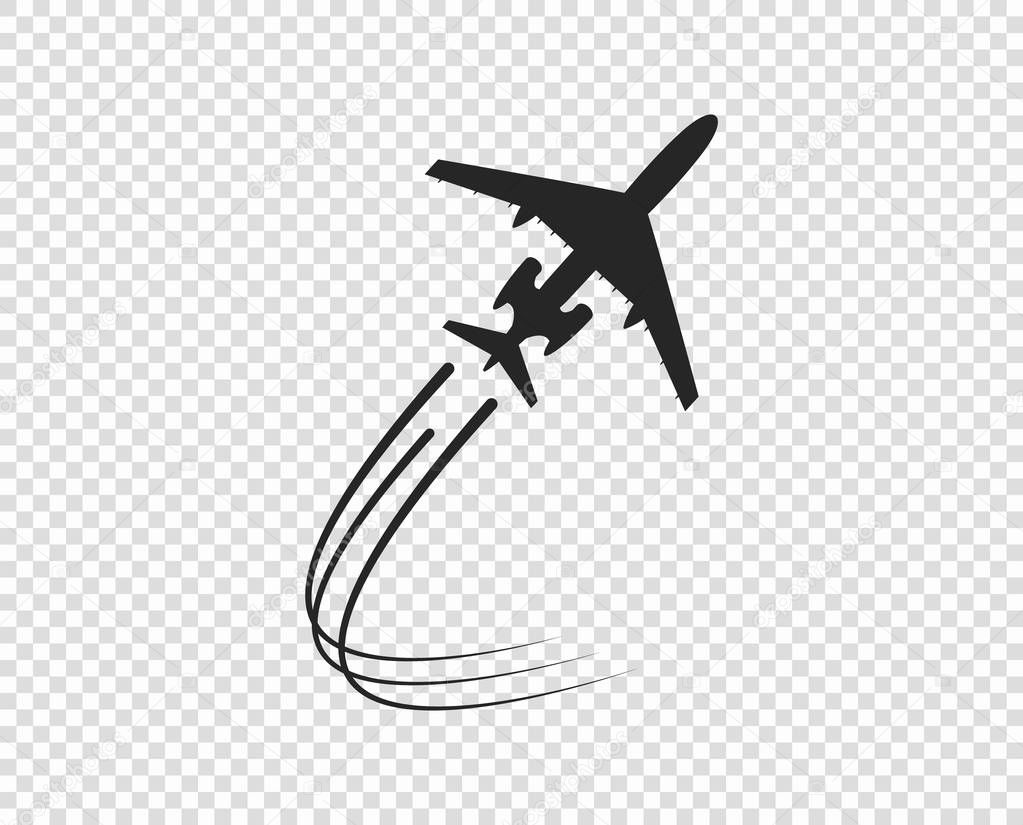 Airplane. Icon silhouette taking off. A twisting plane trail. Vector element isolated on a transparent background.