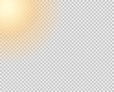 Sarı güneş, bir flaş, ışınlama olmadan yumuşak bir parlaklık. Vektör öğesi saydam bir arka planda yalıtılmış.