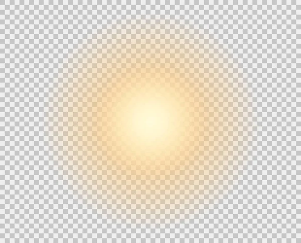 El sol amarillo, un destello, un suave resplandor sin salir de los rayos. El elemento vectorial se aísla sobre un fondo transparente . — Vector de stock