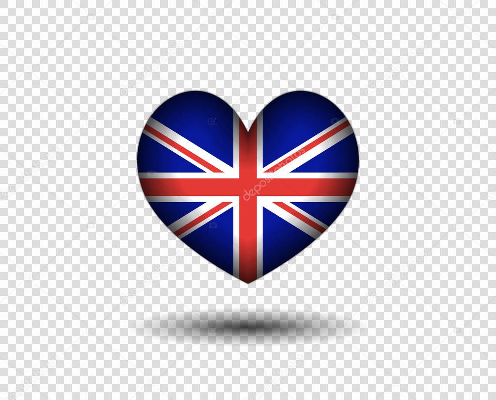 The heart is abstract with a shadow, the flag of great Britain. Icon, logo England flag. The concept of patriotism. Vector design element, isolated on a transparent background.