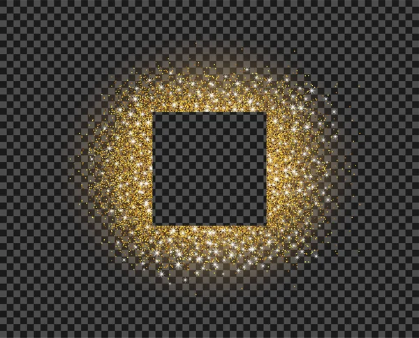Φωτεινό χρυσό διάσπαρτα σκόνη, γύρω από την περίμετρο με το λαμπερό φως των αστεριών. Ένα άδειο τετράγωνο στο κέντρο. Εικόνα, πρότυπο για διακοπές, επέτειος, γάμο, Χριστούγεννα. Eps. — Διανυσματικό Αρχείο