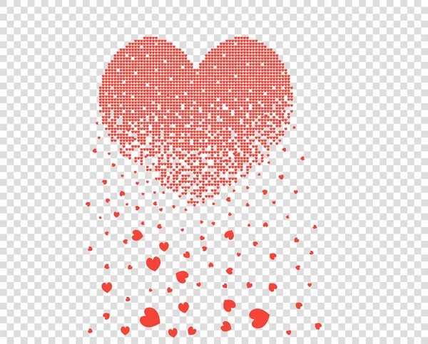 Hjärta som består av många små pixel hjärtan löses upp, smulas sönder i form av löv. Vektor illustration, banderoll, isolerad transparent bakgrund. — Stock vektor