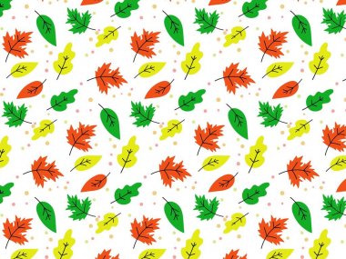 Saydam bir arka plan üzerinde sonbahar yaprakları desen. Kontur, çizgiler, düz, pastel ve parlak renkler.