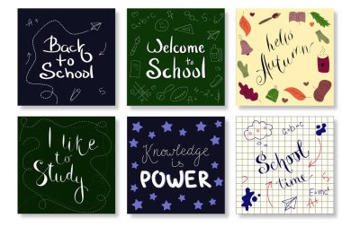 Altı farklı okul, sonbahar deyimleri ayarlayın. Karanlık ve açık arka planlarda.