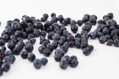 Beyaz arka planda bir tabağa serpiştirilmiş yabanmersini.