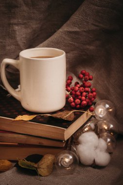 Sonbaharda sıcak bir atmosferde sıcak çay kitapları.