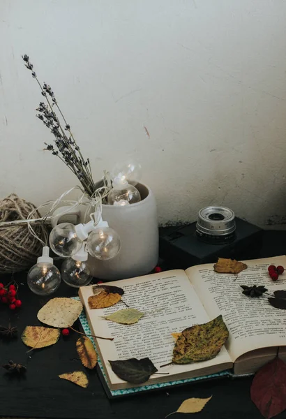 Koyu bir arkaplanda sonbahar kompozisyonu, rahat atmosfer, çay, kitaplar, yeşillik