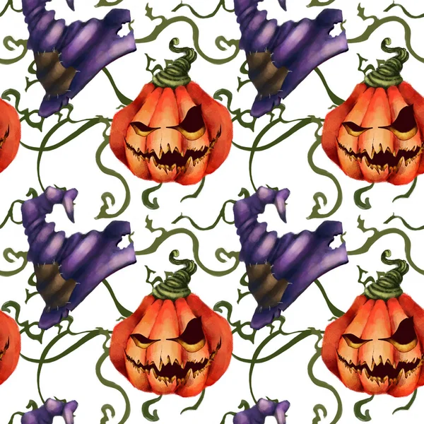 Halloween. Pumpa, groddar, häxa hatt. Sömlös festliga mönster — Stockfoto