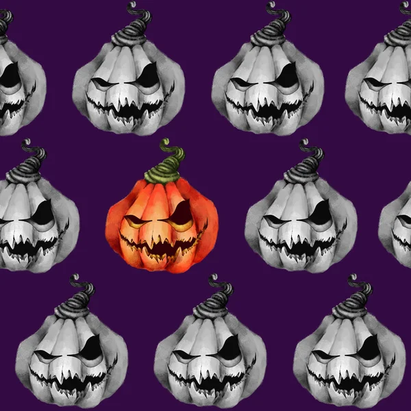 Ouzon Halloween com abóboras cinzentas e ruiva em um fundo roxo escuro. Textura sem emenda, rosto horrível . — Fotografia de Stock