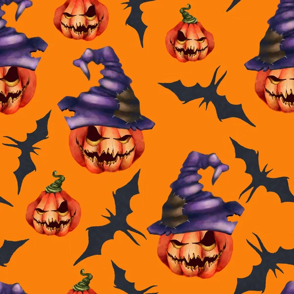 Patrón sin costuras calabaza naranja en un sombrero, murciélago sobre un fondo amarillo. Pesadilla de horror de Halloween . —  Fotos de Stock