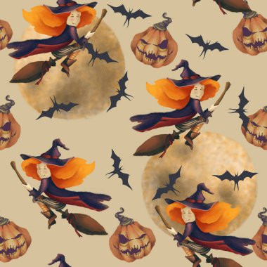 Cadılar Bayramı. Bir cadı, kabak, moon, yarasa ile Seamless modeli. Harika resim. Bir süpürge üzerinde sevimli kız.