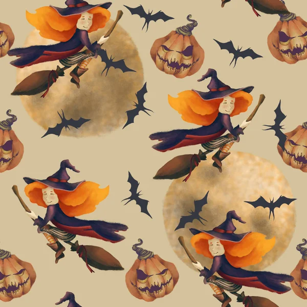 Halloween. nahtloses Muster mit Hexe, Kürbis, Mond, Fledermaus. Fantastische Illustration. Nettes Mädchen auf einem Besen. — Stockfoto
