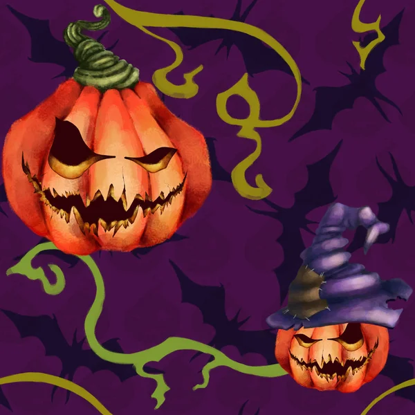 Patrón sin costuras calabaza naranja en un sombrero, bate. Cara siniestra sobre fondo púrpura.. Halloween Horror pesadilla . —  Fotos de Stock