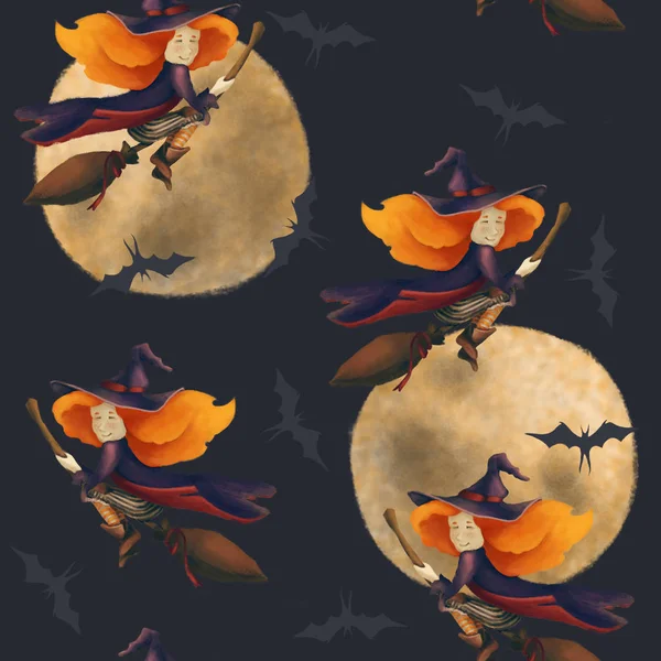 Halloween. Patrón sin costuras con una bruja y luna y murciélago. Fantástica ilustración. chica en una escoba en un azul oscuro — Foto de Stock