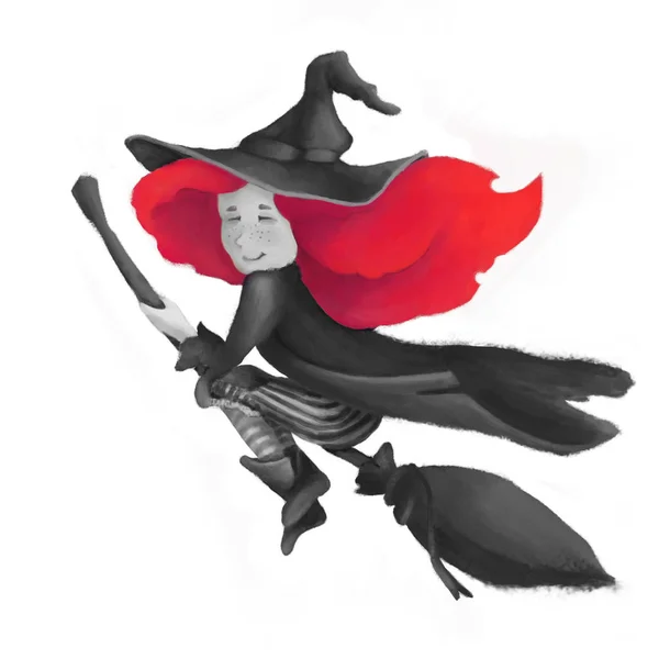 Una bruja mona en un palo de escoba. Una chica de pelo rojo y sombrero. Una ilustración se aísla sobre un fondo marginal —  Fotos de Stock