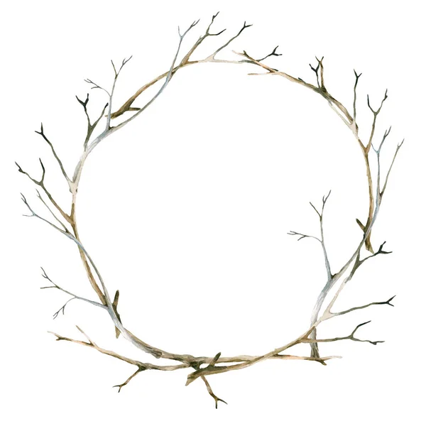 Kranz aus Zweigen und Stäben, Zweigen. Aquarell, isoliert auf weißem Hintergrund. — Stockfoto