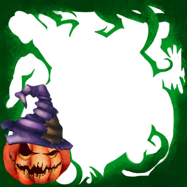 Halloween. Frame of sinister trees. Pumpkin Jack in a hat. Green nightmare